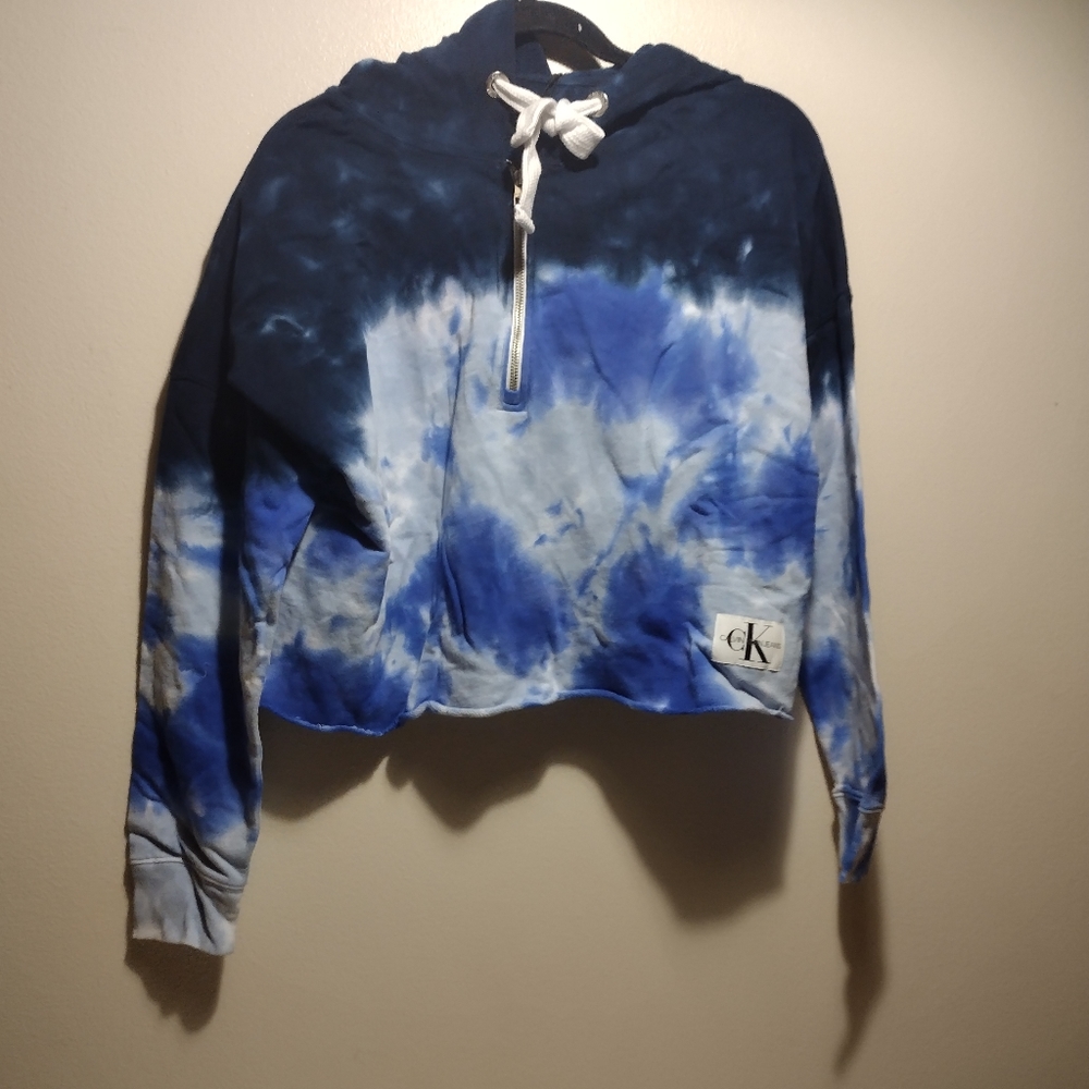Calvin Klein Jeans Blue Tye Dye Long Sleeve Pullover Cropped Hoodie - Picture 6 of 13